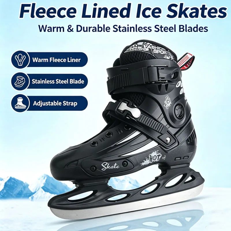 Fleece Lined Warm Ice Skating Shoes Kids Adjustable Ice Skates Stainless Steel Blade Beginner Ice Skates Winter Outdoor Sports