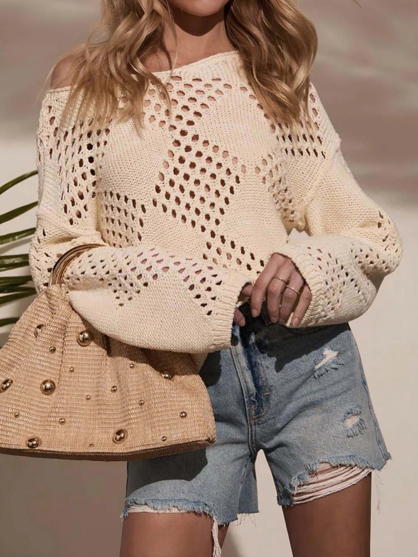 

Женский свитер с открытыми плечами и длинными рукавами, осенне-зимний модный удобный однотонный повседневный топ с вырезами