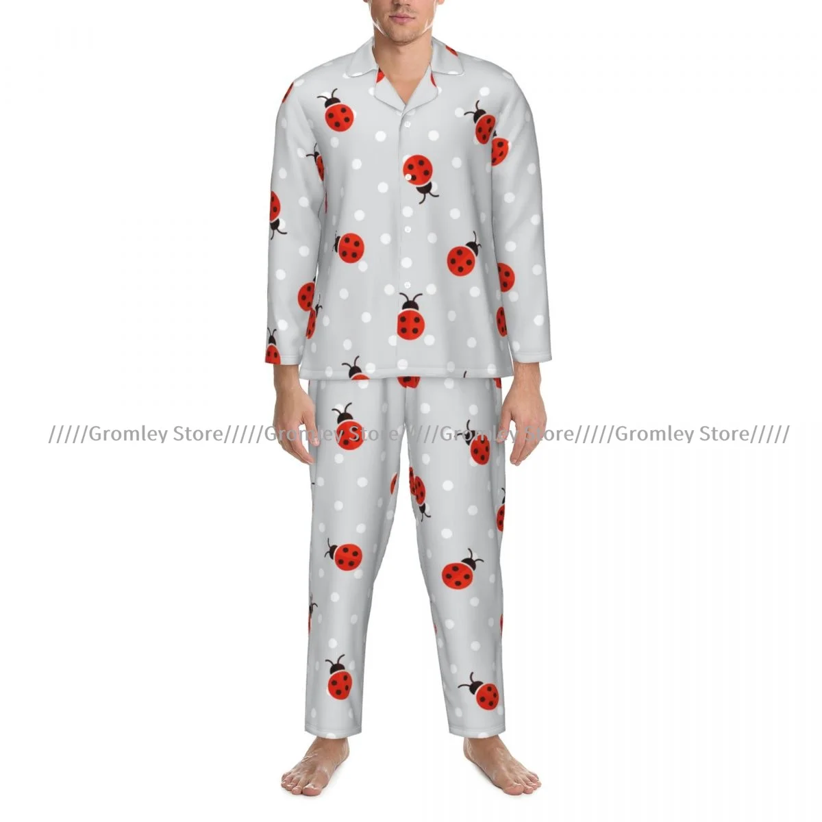 Men Pajama Sets Ladybug With Polka Dot Sleepwear For Man Shirt Long Sleeve Male Soft Home Loungewear