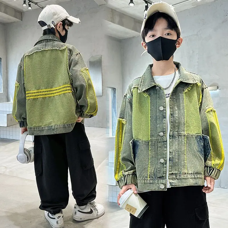 5-14Years Teens Boys Denim Jackets Kids Patchwork Jean Outwear Coat Children Boy Casual Denim Jacket with Button 6 7 8 9 10 11