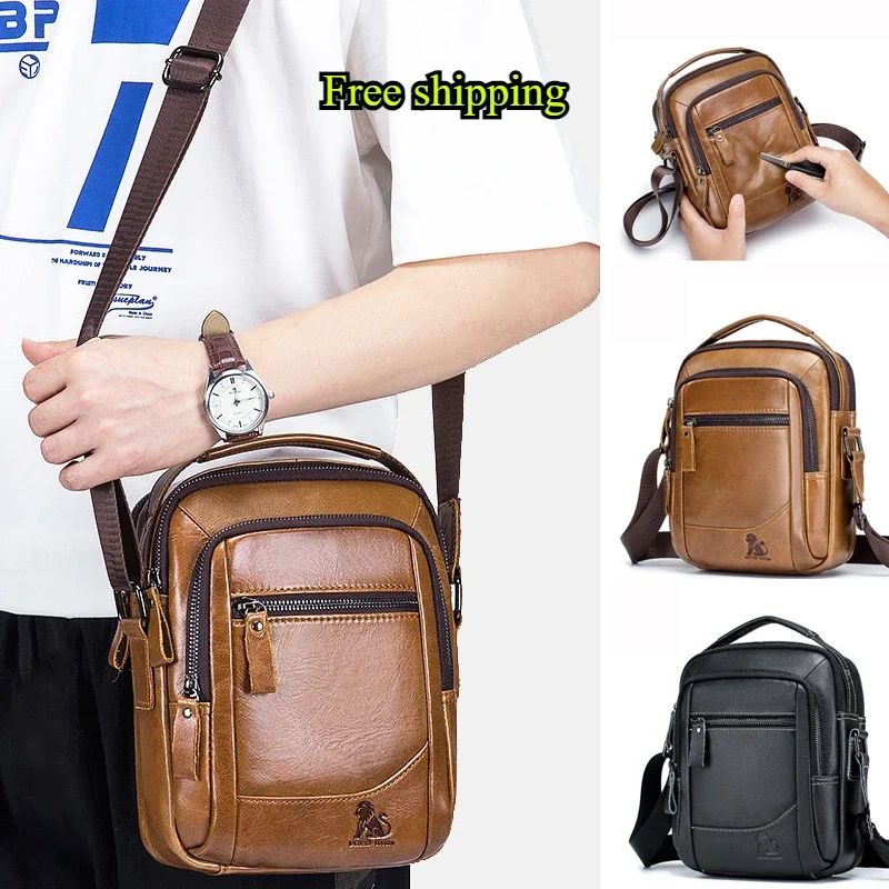 

Genuine Leather Men's Shoulder Bag Business Leisure Large Capacity Portable Handbag Zipper Multi Layer Male's Crossbody Bags