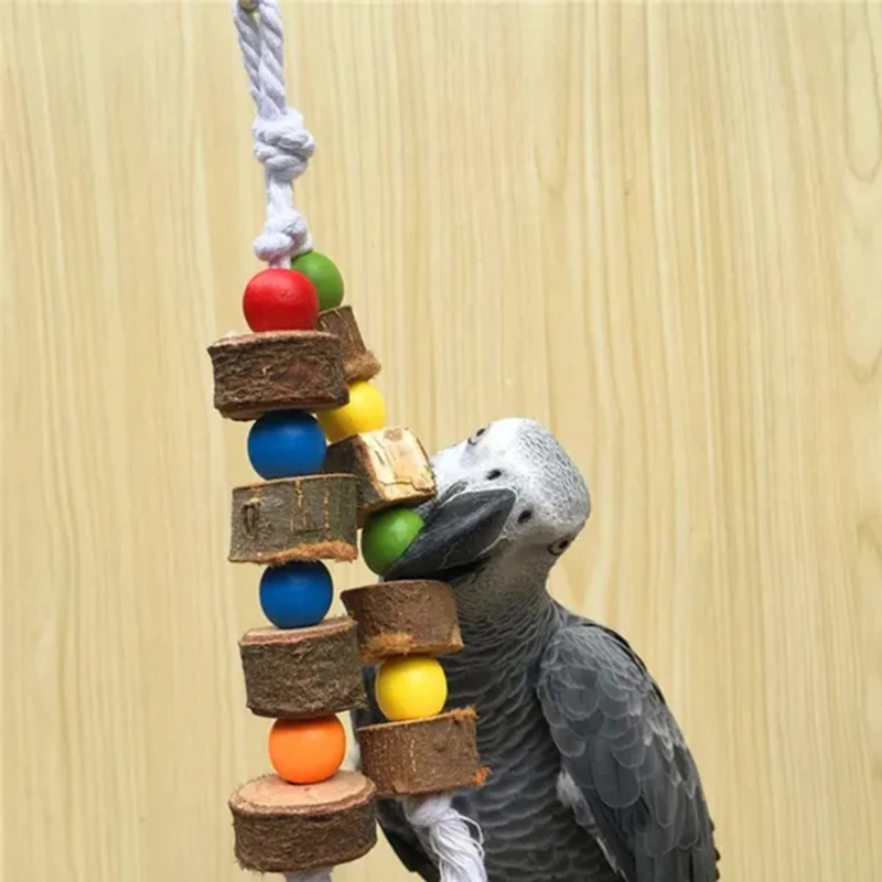 Juguete de bloques de madera para loros, cuerda colgante para masticar, columpio colorido, herramienta de entrenamiento para masticar, 1 unidad