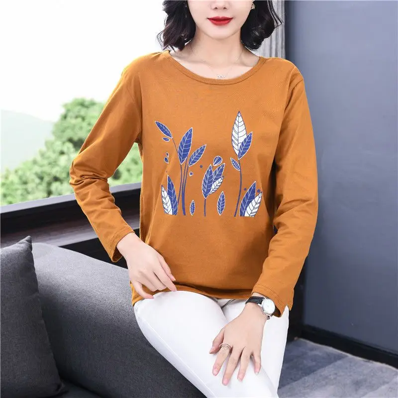 Casual O-Neck Pure Cotton Leaf Pattern Spliced Women\'s Clothing Spring Summer Bright Line Decoration T-Shirts Long Sleeve Tops