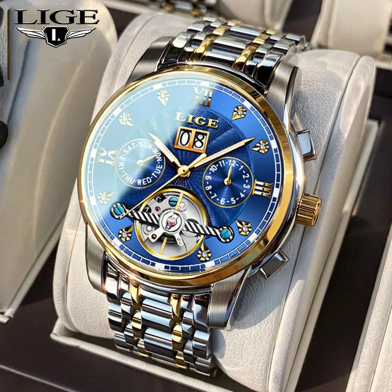 

LIGE Luxury Men Watch Tourbillon Mechanical Wristwatch Hand Wind Stainless Steel Fashion Waterproof Watches Relogio Masculion