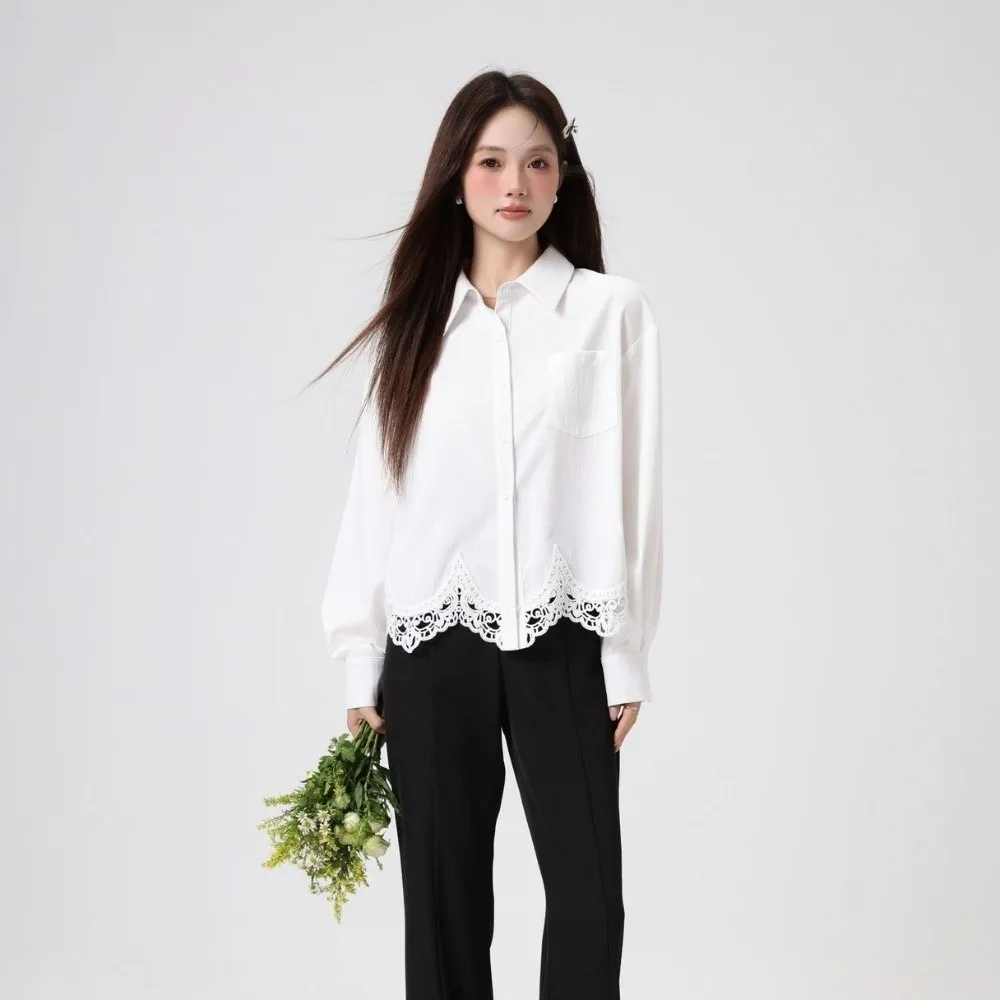 Irregular Lace Women's Plain Lace Shirt Long Clothing Sleeves Streetwear Korean Style Blouse Simple White Lace Shirts Tops