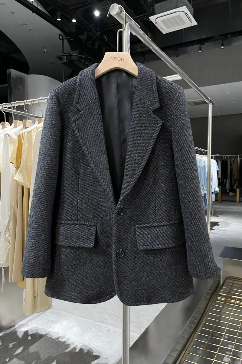 Dark Gray Vintage Suit Coat Women Korean Fashion Autumn Winter 2022 New Versatile Woolen Blazer Jacket Straight Outerwear T1143