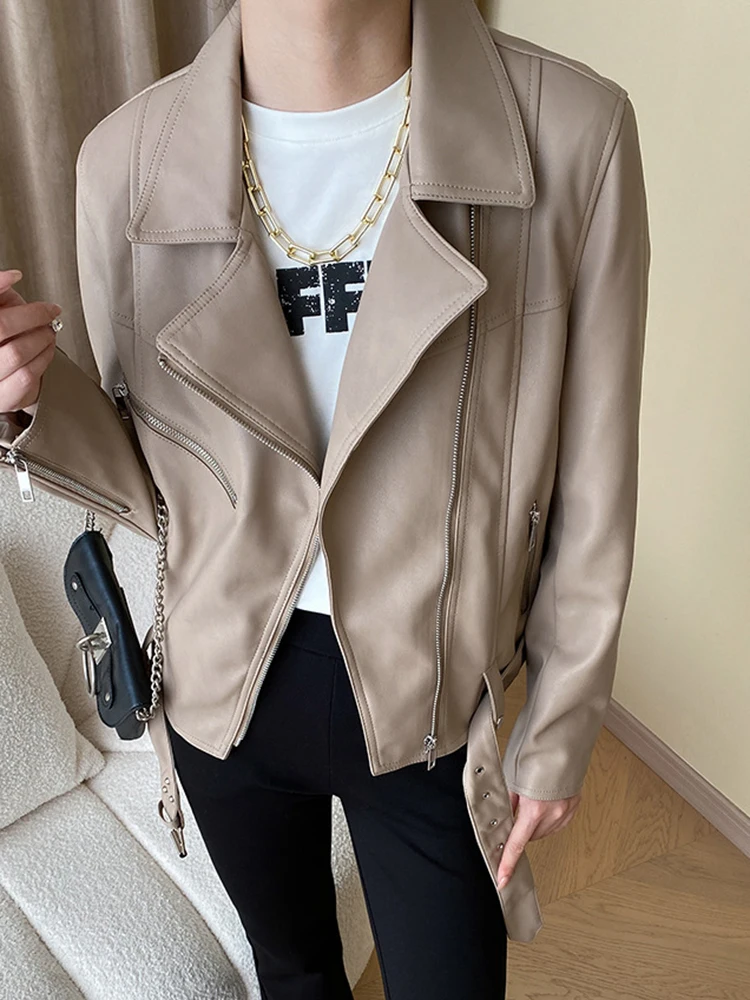 

Loose Fit Green Big Size Irregular PU Leather Jacket New Lapel Long Sleeve Women Coat Fashion Spring Autumn O593