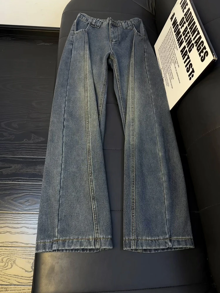 

Мужские джинсы Retro Blue Knife из денима, осенне-зимние, на флисовой подкладке, свободные, расклешенные, прямого кроя, рабочие, с широкими штанинами