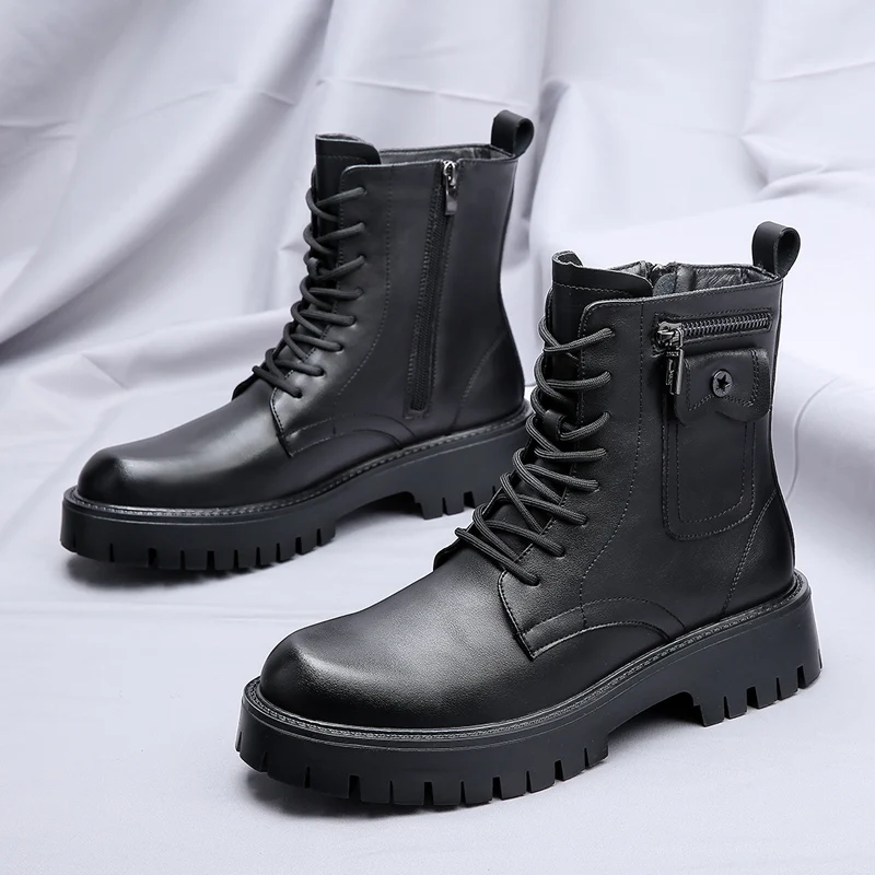 High Quality Men White Boots 2023 Fashion Zip Design Men\'s Leather Boot  Anti-slip Lace-up Man Platform Boots Botas Para Hombre