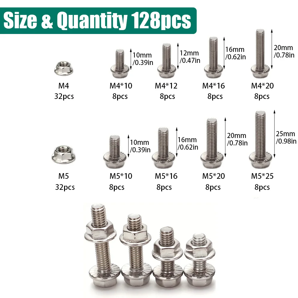 128-Piece 304 Stainless Steel Hex Flange Bolt and Nut Set, M4/M5, Length: 10mm, 12mm, 16mm, 20mm, 25mm