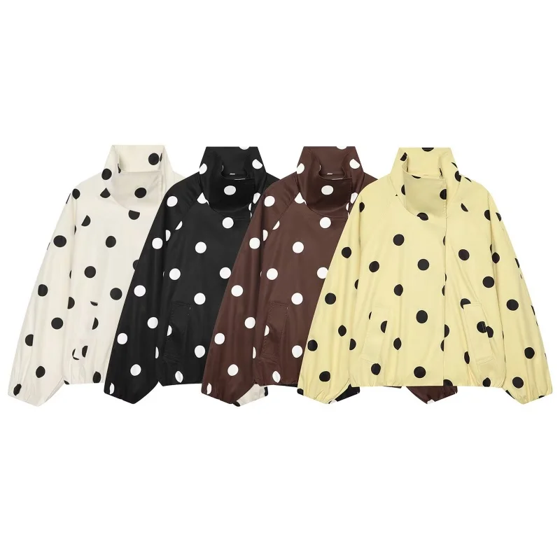 Herbst Neuheit Damen Vintage Polka Dot Stehkragen-Jacke mit Taschen Langarm Casual Oberbekleidung Modisches Urlaubsoutfit – Detail 2
