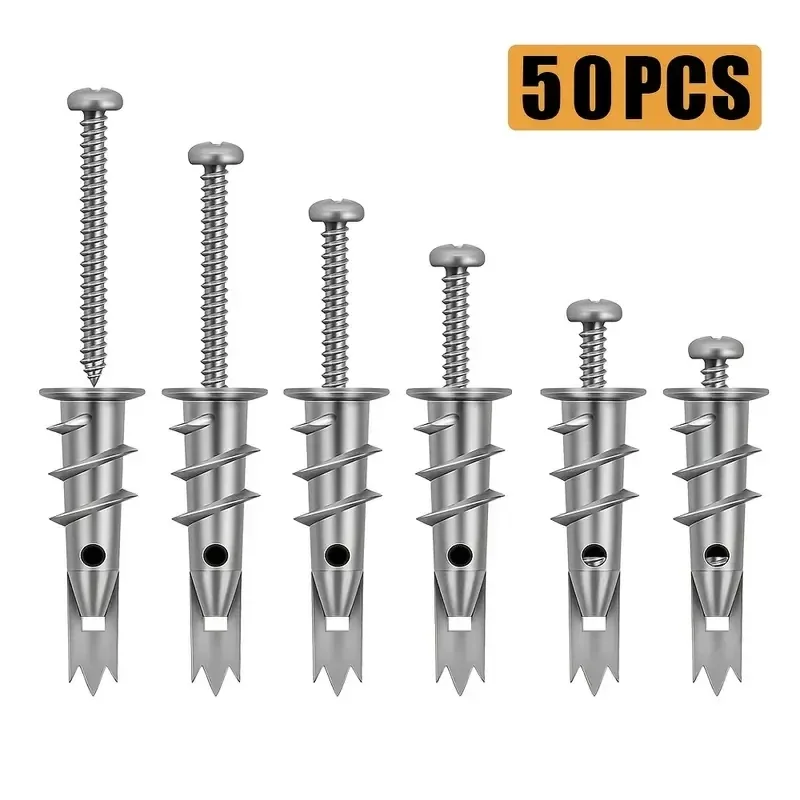 50pcs Plasterboard Anchor Zinc Alloy Drywall Hollow-wall Self-drilling Wall Anchors 25#8 X 1-1/4'' Tapping Screw Drywall Bolt