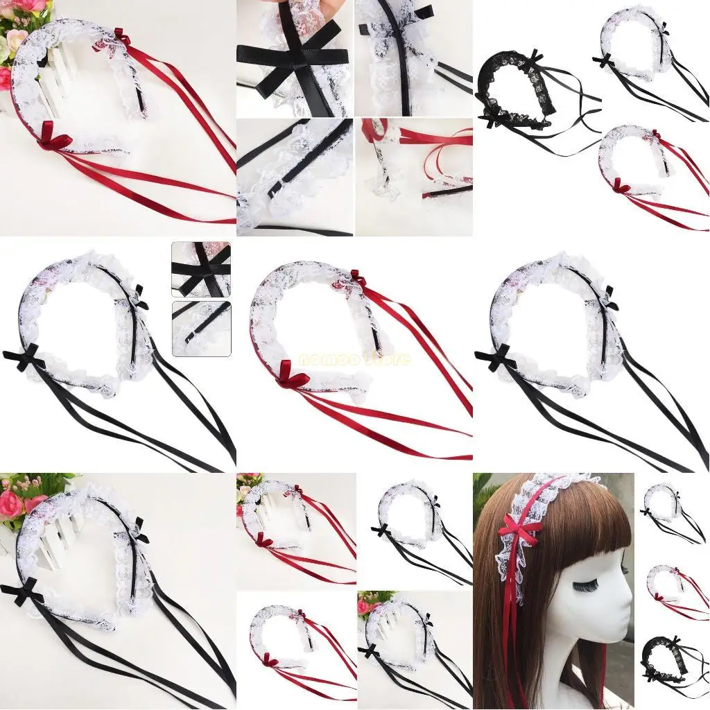 

31BF Gothic Punk Vintage Cosplay Hair Accessories Long Ribbon Bowknot Headband