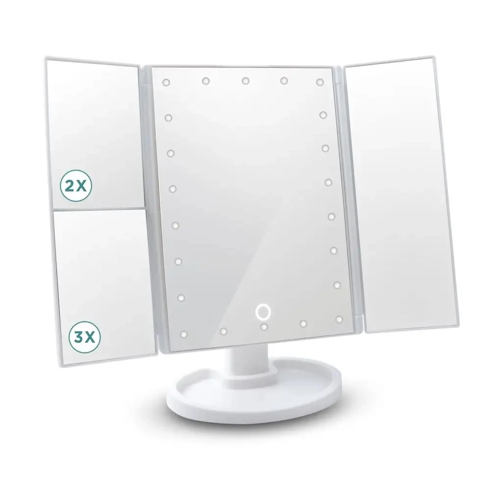 Makeup Vanity Mirror with Lights Adjustable Brightness 1X/2X/3X Magnification Touch Screen Trifold Cosmetic Mirror Women Gift