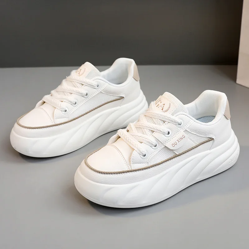 Zapatos de plataforma blancos para mujer, zapatillas informales de malla transpirable con cordones, deportivas de suela plana, Verano