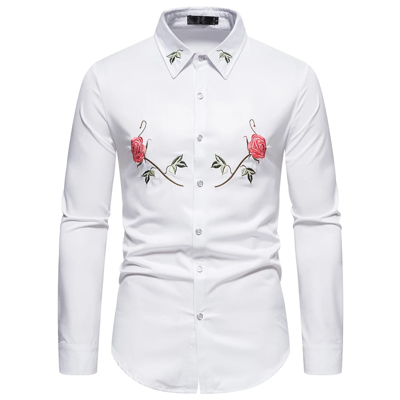 Retro Floral Shirts Men New 2024 Luxury Rose Embroidery Dress Shirt Long Sleeve Chemise Homme Social Streetwear Hawaiian Shirt