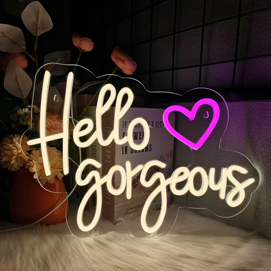 

Hello Gorgeous Led Neon Sign, Letter Light Heart-Shaped Icon Usb Powered, Used For Bedroom, Club, Proposal Party, Wedding Decor.