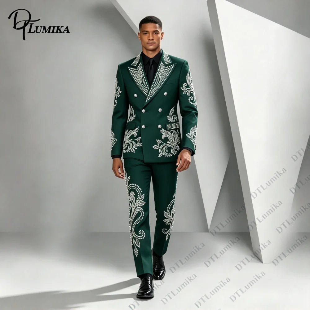 Decent Double Breasted 2 Piece Men Suit Floral Embroidered Blazer & Trousers Wedding Groom Outfit, Bespoke Prom Stage Costume