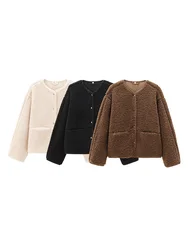 Plush short coat for women autumn new style fashion round neck leisure comfortable simple teddy velvet jacket