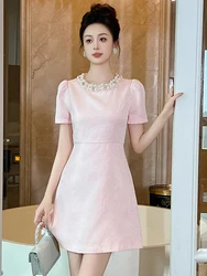 Elegant  Evening Dress Women's French Cute Lovely Pink Pearl Diamonds Short Gown Party Catwalk Prom Vestidos Date Clothes