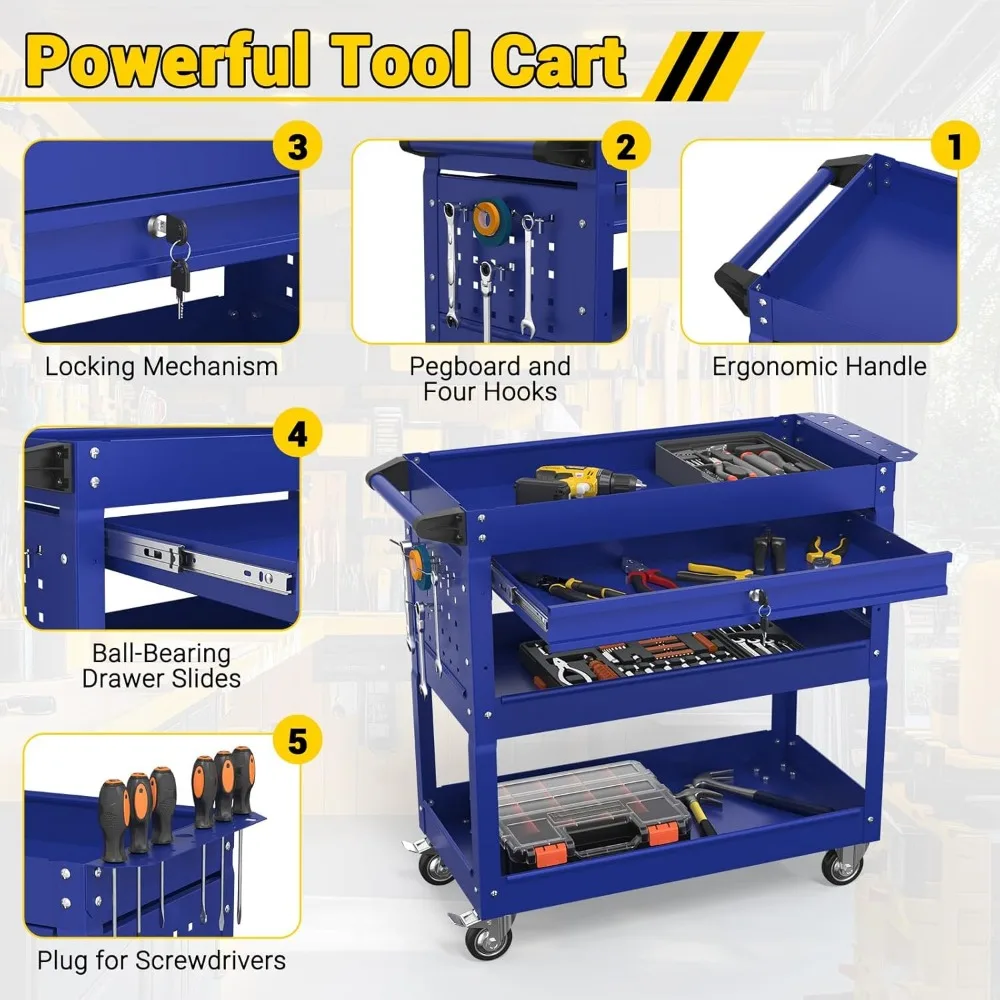 Carro de herramientas con ruedas de 3 niveles de alta resistencia con capacidad de 550 libras, cajones, tablero perforado y ganchos para uso mecánico y de utilidad