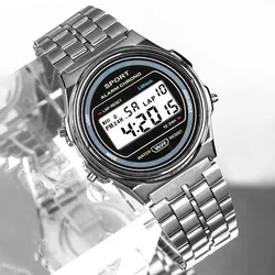 Women Casual LED Electronic Watch Retro Stainless Steel Men Women Unisex LED Digital Watch Multifunction Waterproof Wristwatch