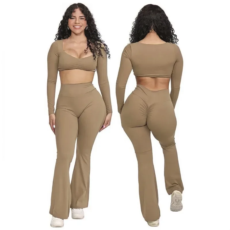 Seamless Yoga sets Casual Outdoor Fitness Sports Yoga Pant Bell-bottoms High Waist Hip Lift Training Clothes Yoga Trousers Women