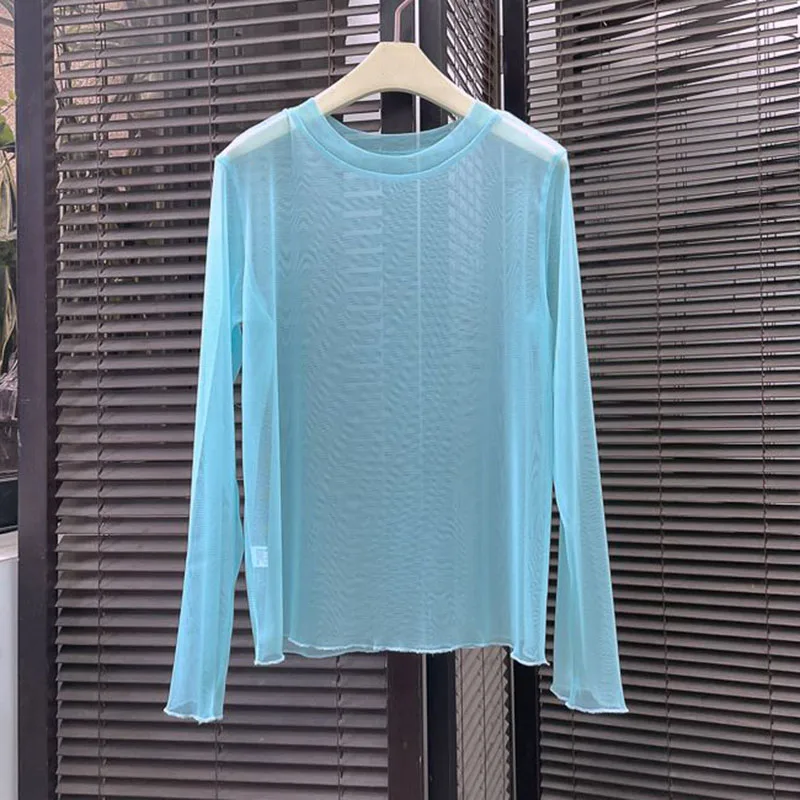 ZOCI Women Transparent Mesh T Shirt Candy Colors Thin Basic Sheer Blouses Woman Summer See-Through Black Long Sleeve Tees Tops