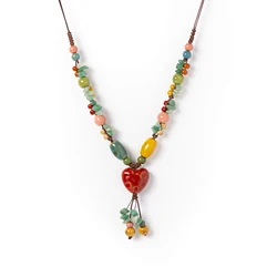 Vintage Heart Ceramic Necklace for Women Adjustable Handmade Boho Style Sweet Long Pendant Jewelry
