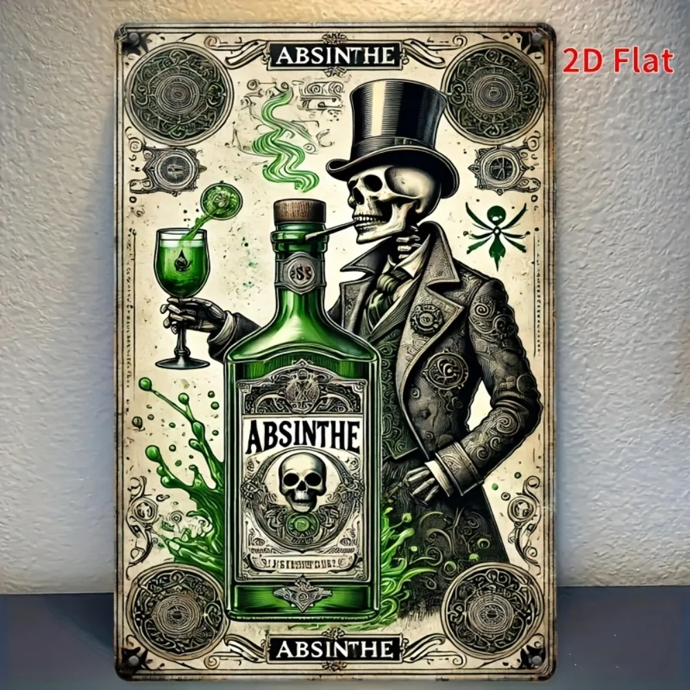 Letrero Metálico Retro Vintage de Absint y Esqueleto de Caballero, Decoración Gótica para Bar o Cuarto de Hombre