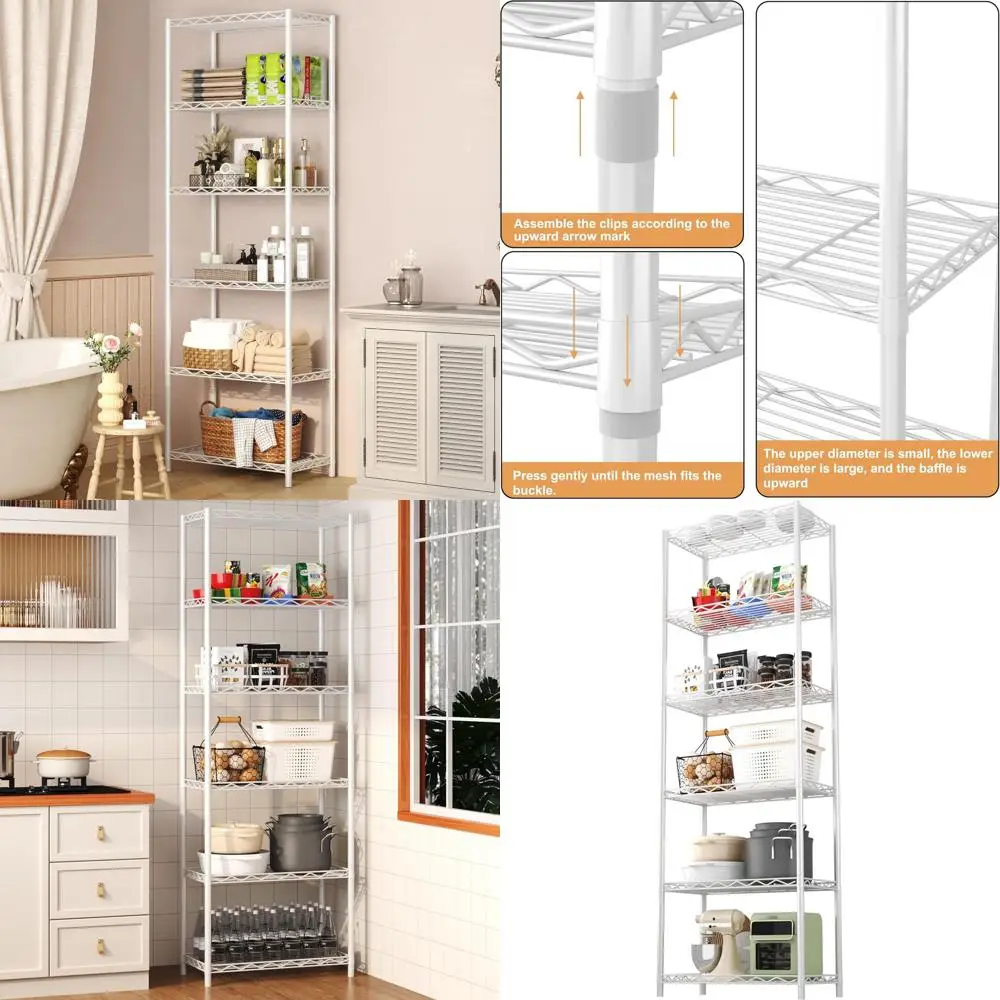 

6-ярусный металлический стеллаж - прочная полка для хранения для кухни, кладовой, гардеробной и организации прачечной (белый)