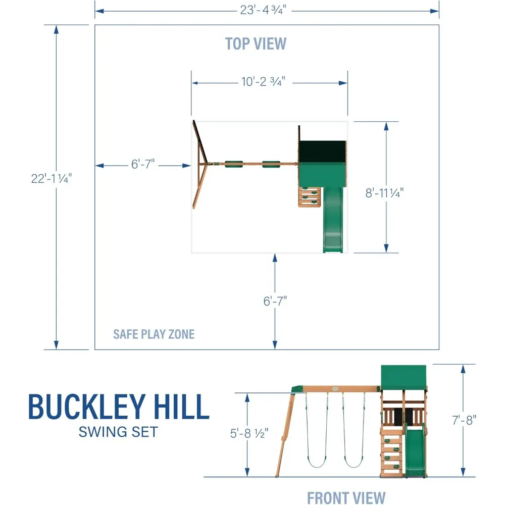 Buckley Hill Wooden Swing Set, Made for Small Yards and Younger Children, Covered Mesh Fort with Canopy, Rock Climber Wall