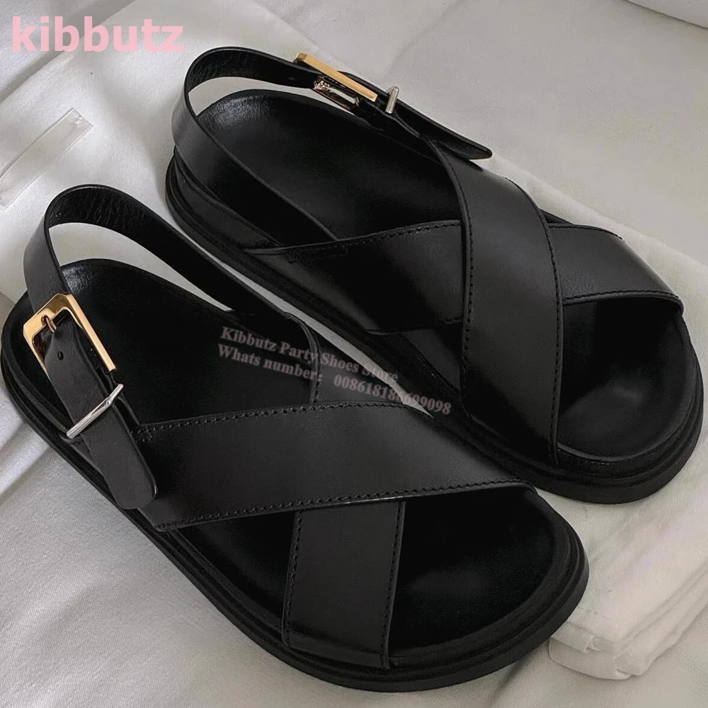 

Cross Strap Genuine Leather Sandals Round Toe Height Increasing Solid Color Fashion Elegant Concise Outdoor Women Shoes Newest