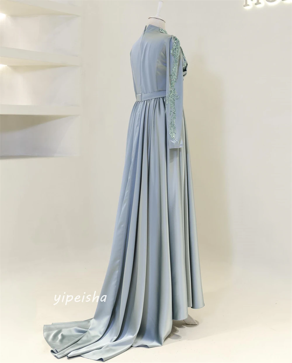 Jiayigong Satin Beading Draped Pleat Clubbing A-line High Collar Bespoke Occasion Gown Long Dresses Saudi Arabia