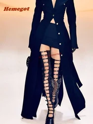 Sandálias pretas multi-fivela para mulheres, dedo do pé redondo longo, salto robusto plataforma, zíper lateral, sapatos altos de couro para coxa, sexy, mais novo