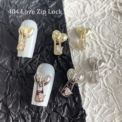 -Love Zip- 세련된 크롬 지퍼 합금 섬세한 하트 지르콘 인레이 거울 광택 금속 보석 세련된 럭셔리 디자인 네일 참 404
