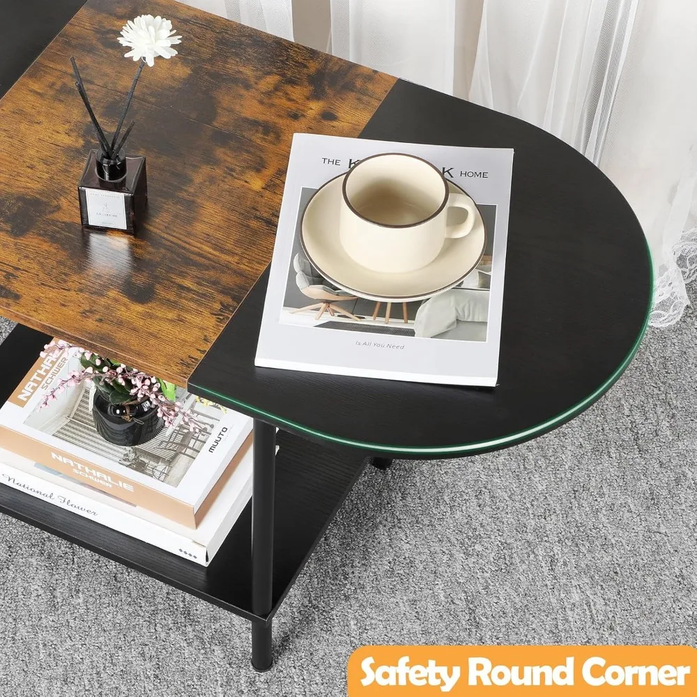 Modern Oval Coffee Table with Storage, 2-Tier Industrial Design for Small Living Spaces, Brown & Black
