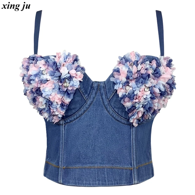 

Xing Ju Party Female Sexy Denim Crop Tops Women Jazz Dance Costume Ladies Fashion Streetwear Short Flower Vest Singer Stage Wear