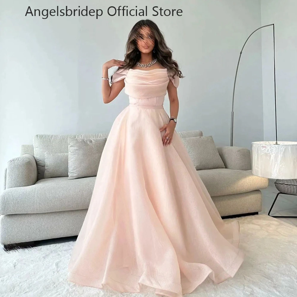 

Angelsbridep A-line Pink Organza Prom Dresses Off Shoulder Sleeves Pleat Vestidos De Gala Dance Long Party Gowns Robes De Soirée