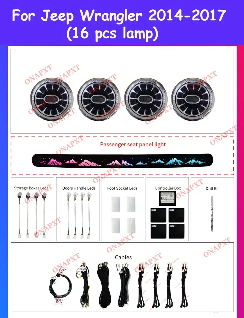 

Комплект подсветки атмосферной лампы для Jeep Wrangler JL 2014-2023, вентиляционные отверстия, розетка приборной панели, ручка для ног, окружающий свет