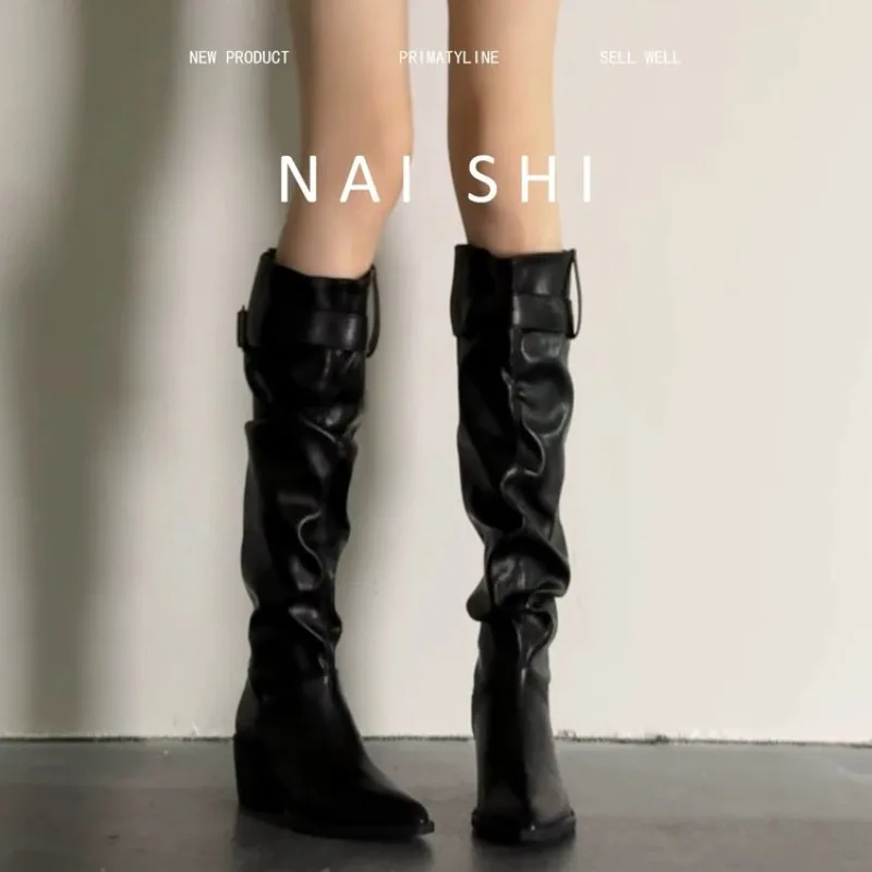 Retro Knight Boots - Women's Ruffled Thick-Topped Pointed High Heels Boots