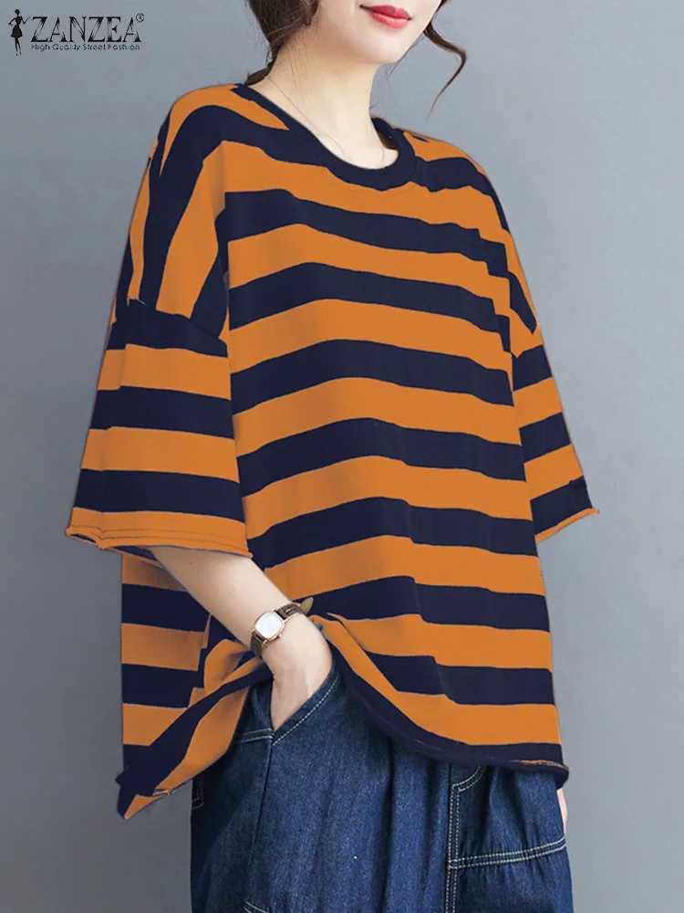 ZANZEA Women Oversized Stripes Blouse 2024 Summer Dropped Shoulder Tops Fashion Colorblock T-shirts Holiday Casual Loose Tunics