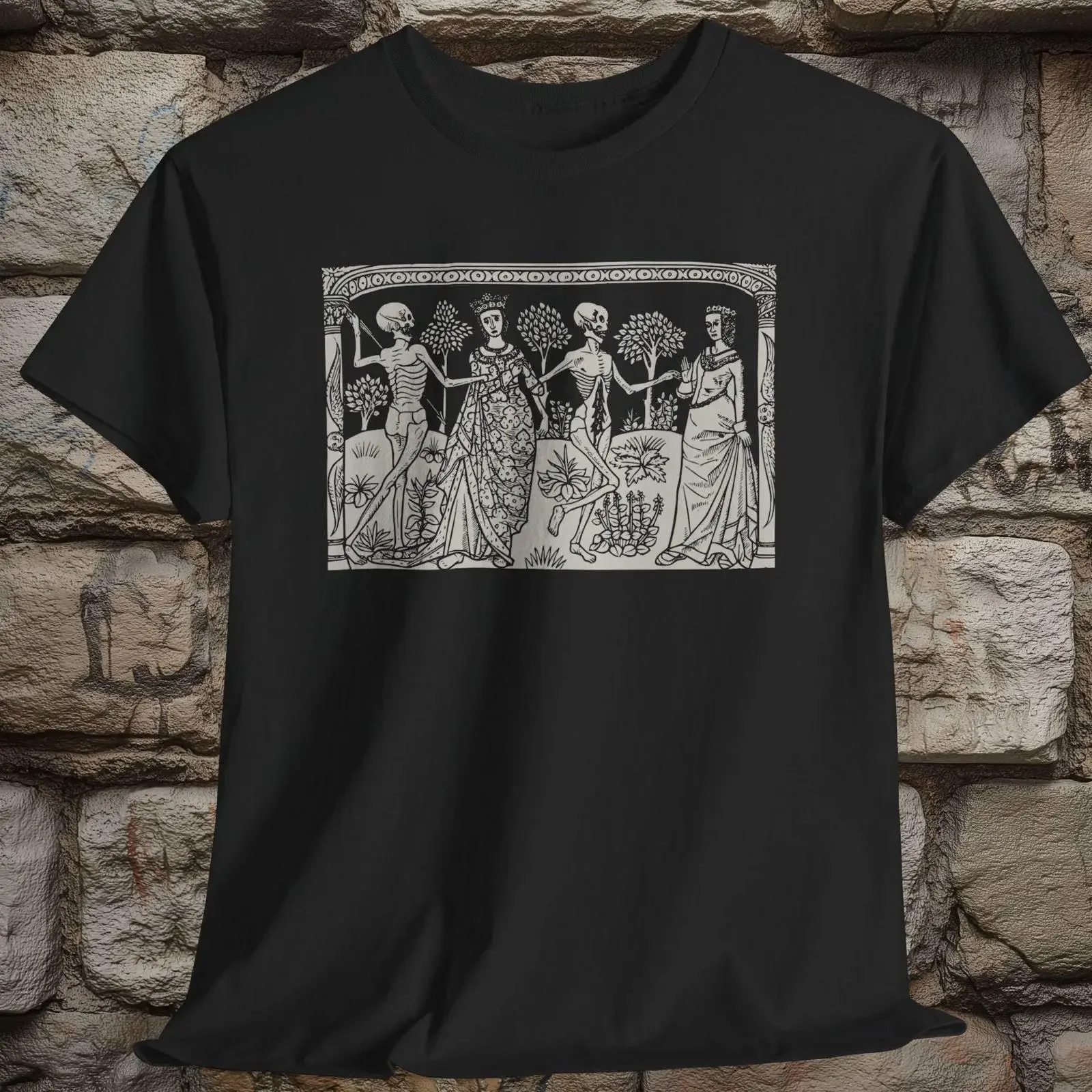 Camiseta Death And The Ladies 1490 con estampado de grabado en madera de El Danzón Macabro, estilo vintage, lavado, gráfico, streetwear para hombre, cómoda, elegante, ligeramente holgada