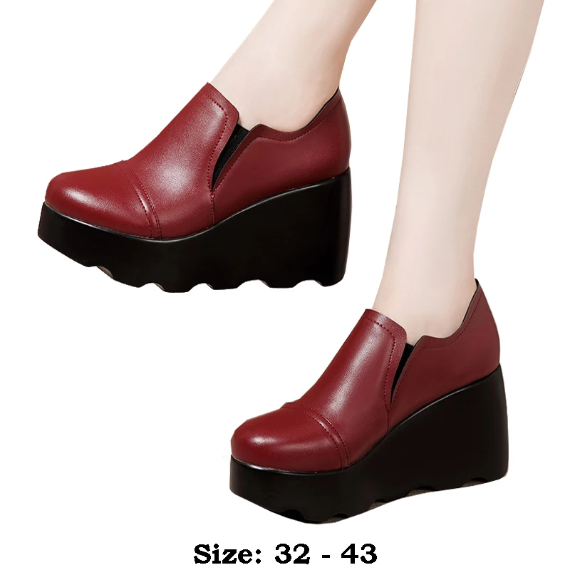 

high quality leather wedge shoe for women 8cm high heel platform round toe 32 33 43 elegant fashion autumn winter shoe black red