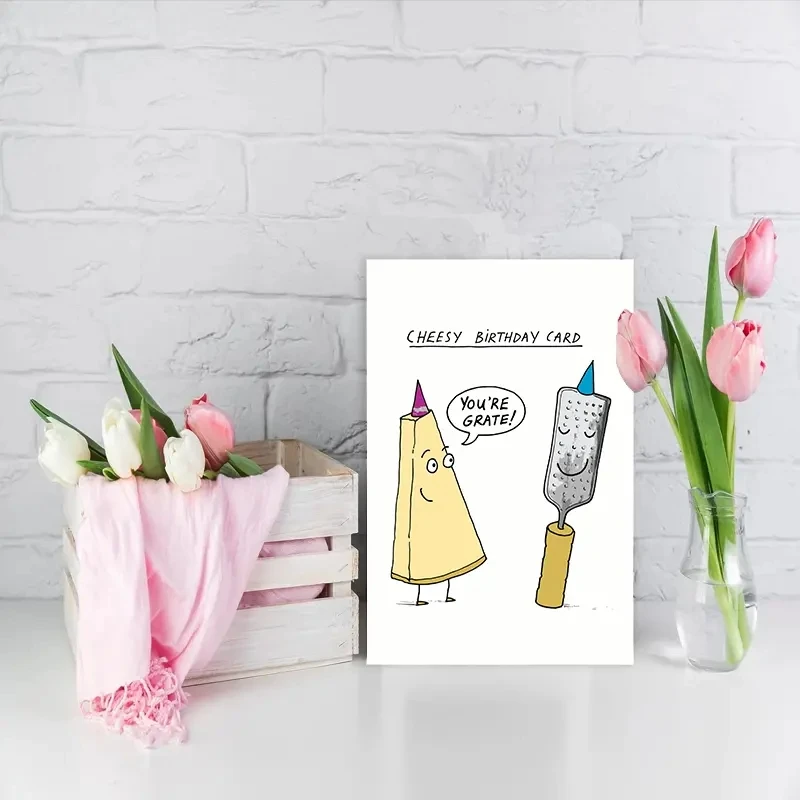 1 pc fun birthday card with a cute comic cheese pattern. The perfect gift for your partner\'s family, colleagues and friends.
