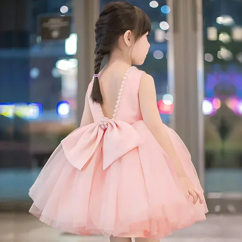 Backless Pearls Bow Baby Girls Dresses Birthday Party Wear Wedding Flower Green Dress Toddler Kids Christmas New Year Dress