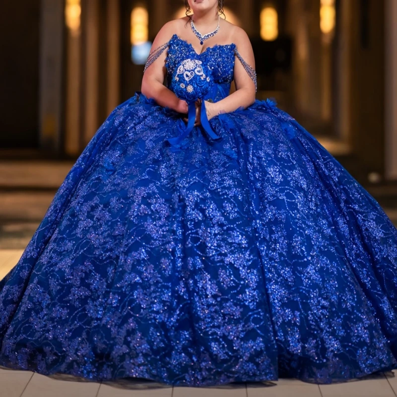 

Royal Blue Shiny Ball Gown Quinceanera Dresses 2026 Sequin Applique Lace Beading Crystal Tull Corset Off Shoulder Sweet 16 Dress