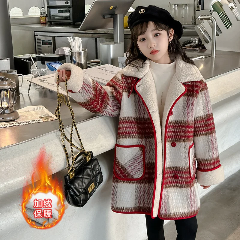 Girls Woolen Coat Overcoat Jacket Windbreak 2024 In Stock Warm Plus Thicken Autumn Winter Cotton School Children's Clothing