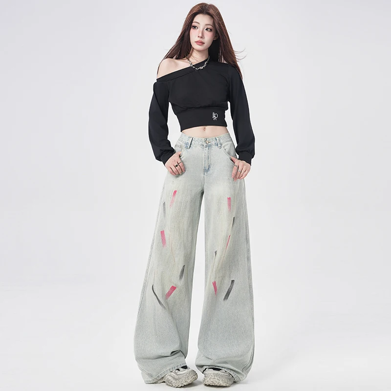 Womens Jeans Loose Fit Personality Distressed Denim Pants Spring 2026 New Arrival Flare Trousers Retro Fashion Wide Leg