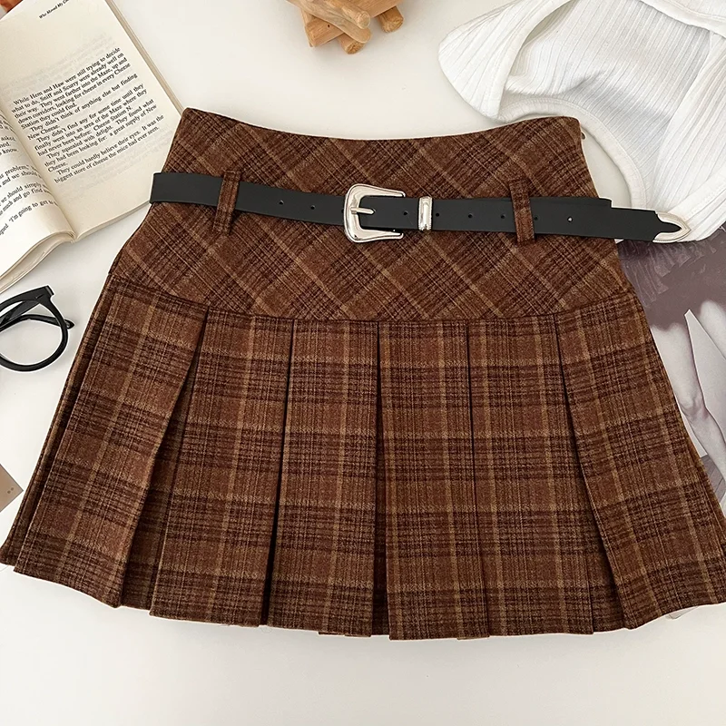 Outono inverno xadrez mini saia com shorts embutidos com cinto de lã grossa boxy plissado saia xadrez feminino adolescente-menina roupa formal
